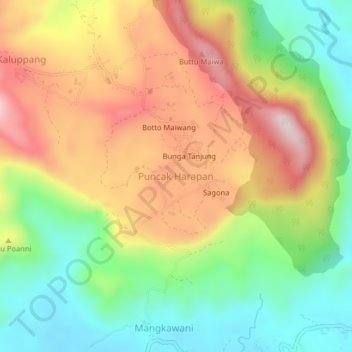 Mapa topográfico Puncak Harapan, altitud, relieve