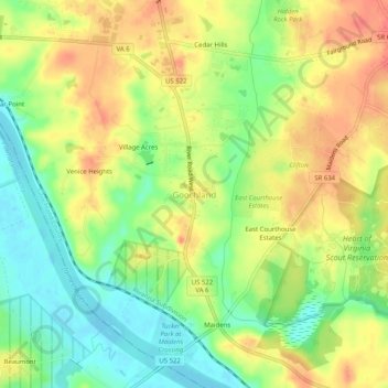 Mapa topográfico Goochland, altitud, relieve