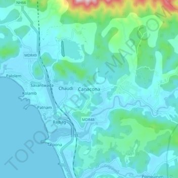 Mapa topográfico Canacona, altitud, relieve