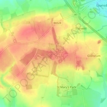 Mapa topográfico Tranwell Woods, altitud, relieve