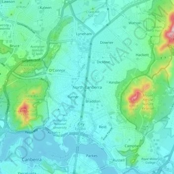 Mapa topográfico North Canberra, altitud, relieve