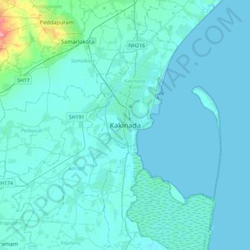 Mapa topográfico Kakinada, altitud, relieve