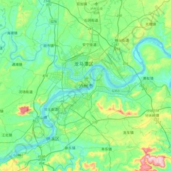 Mapa topográfico Luzhou, altitud, relieve
