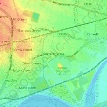 Mapa topográfico Cuerdley Cross, altitud, relieve