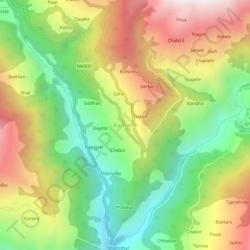 Mapa topográfico Kamand, altitud, relieve