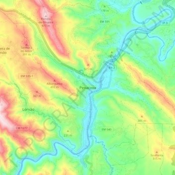 Mapa topográfico Penacova, altitud, relieve