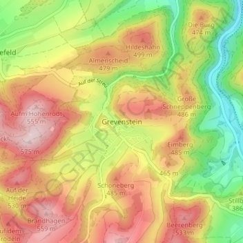 Mapa topográfico Grevenstein, altitud, relieve