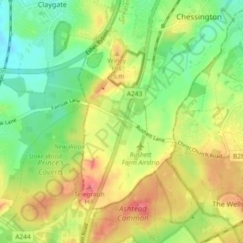 Mapa topográfico Malden Rushett, altitud, relieve