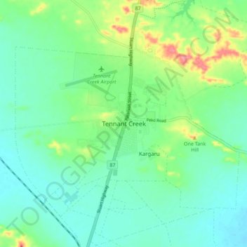 Mapa topográfico Tennant Creek, altitud, relieve