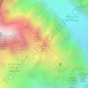 Mapa topográfico Petit Mont Blanc, altitud, relieve