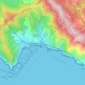 Mapa topográfico Monterosso al Mare, altitud, relieve