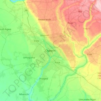 Mapa topográfico Owerri, altitud, relieve