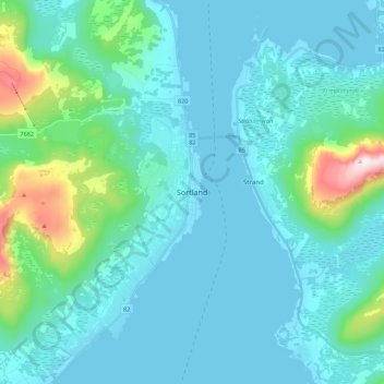 Mapa topográfico Sortland, altitud, relieve