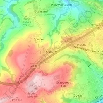 Mapa topográfico Outlane, altitud, relieve