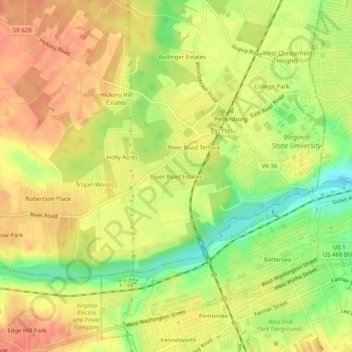Mapa topográfico River Road Estates, altitud, relieve