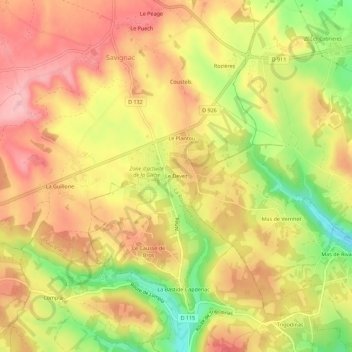 Mapa topográfico Le Devez, altitud, relieve