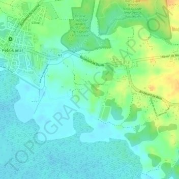 Mapa topográfico Deville, altitud, relieve