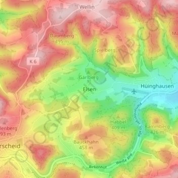 Mapa topográfico Elsen, altitud, relieve