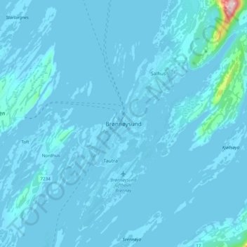 Mapa topográfico Brønnøysund, altitud, relieve