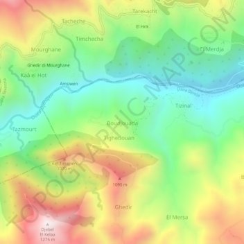 Mapa topográfico Boudjouada, altitud, relieve