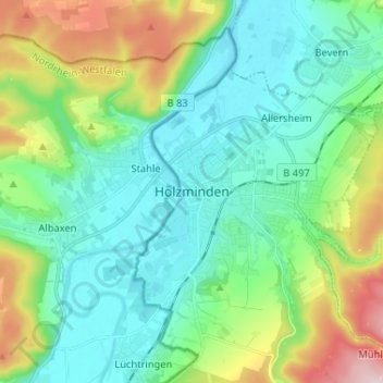 Mapa topográfico Holzminden, altitud, relieve