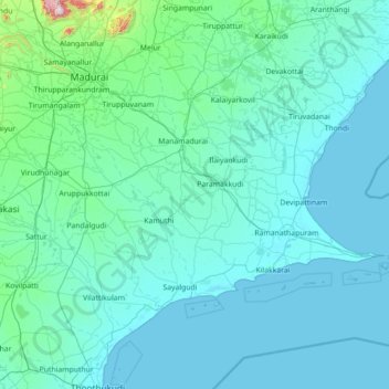 Mapa topográfico Ramnathapuram, altitud, relieve
