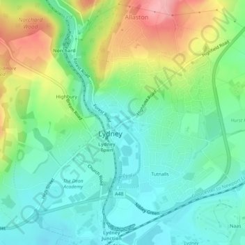 Mapa topográfico Lydney Hub, altitud, relieve
