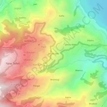 Mapa topográfico pInola talla, altitud, relieve