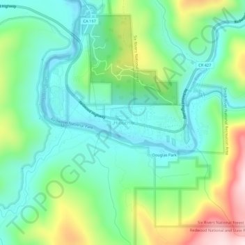 Mapa topográfico Hiouchi, altitud, relieve