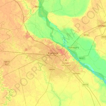 Mapa topográfico Kanpur, altitud, relieve