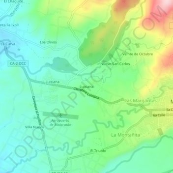 Mapa topográfico Luisiana, altitud, relieve