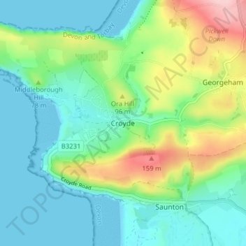 Mapa topográfico Croyde, altitud, relieve
