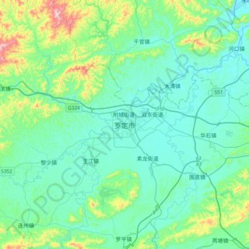 Mapa topográfico Luoding, altitud, relieve