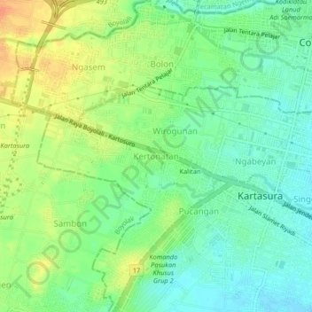 Mapa topográfico Kertonatan, altitud, relieve