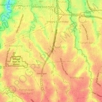 Mapa topográfico Grogol, altitud, relieve