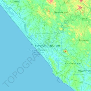 Mapa topográfico Thiruvananthapuram, altitud, relieve