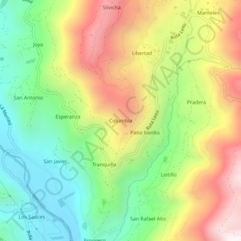 Mapa topográfico Columbia, altitud, relieve