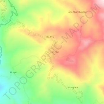 Mapa topográfico Pamashto, altitud, relieve