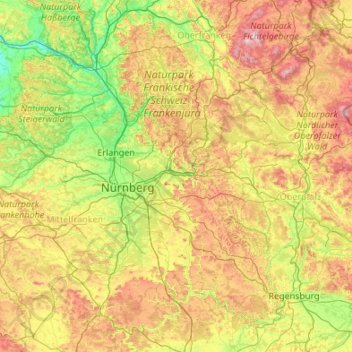 Mapa topográfico Nürnberger Land, altitud, relieve