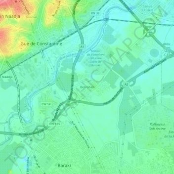 Mapa topográfico Ben Ghazi, altitud, relieve