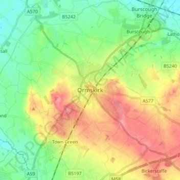 Mapa topográfico Ormskirk, altitud, relieve