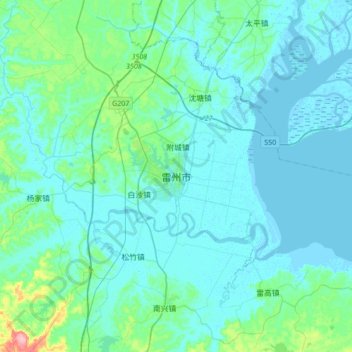 Mapa topográfico Leizhou, altitud, relieve