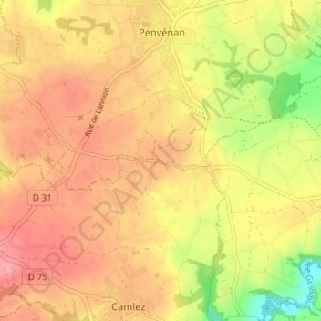 Mapa topográfico Kerizout, altitud, relieve
