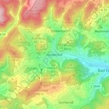 Mapa topográfico Hartenrod, altitud, relieve