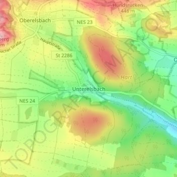 Mapa topográfico Unterelsbach, altitud, relieve