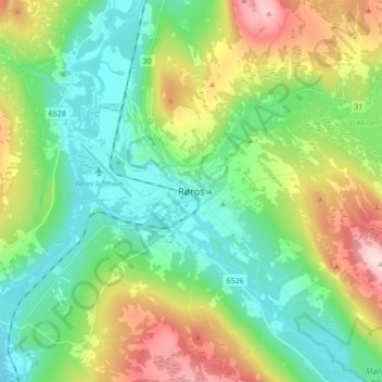 Mapa topográfico Røros, altitud, relieve