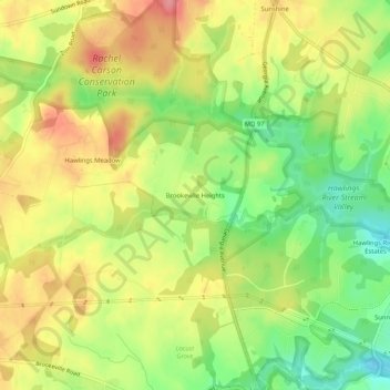 Mapa topográfico Brookeville Heights, altitud, relieve