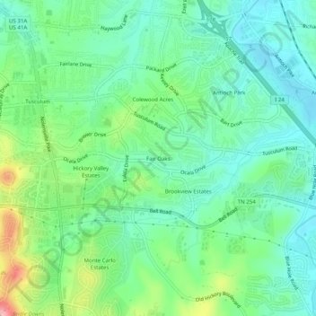 Mapa topográfico Fair Oaks, altitud, relieve