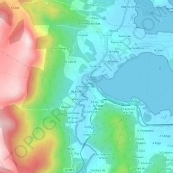 Mapa topográfico A Ponte de Mera, altitud, relieve