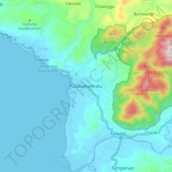Mapa topográfico Palabuhanratu, altitud, relieve